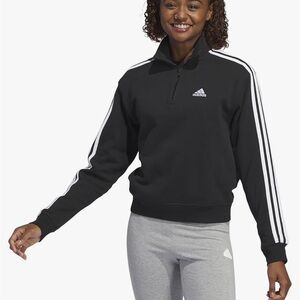 NEW Adidas Womens Large Essential 3 Stripe Black Sweater Quarter Zip Athletic